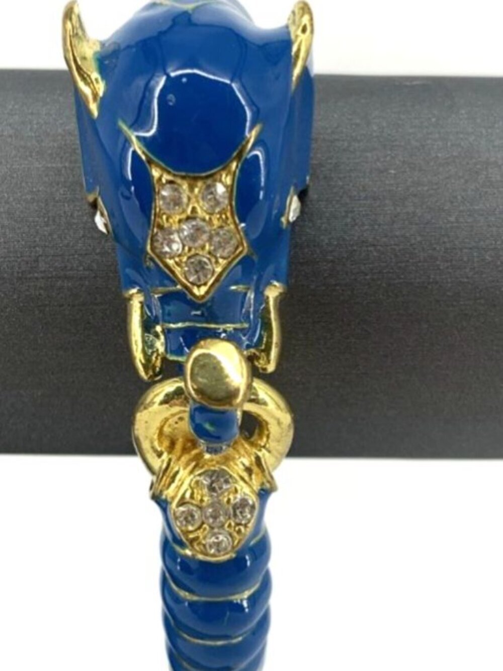 Elephant Bracelet Hinged Bangle Enamel Blue Gold Tone Rhinestones 6.5"